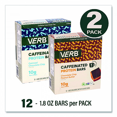Caffeinated Protein Bar, Chocolate Chip Peanut Butter and Oatmeal Chocolate Chip, 1.8 oz Bar, 24/Box (60004177)