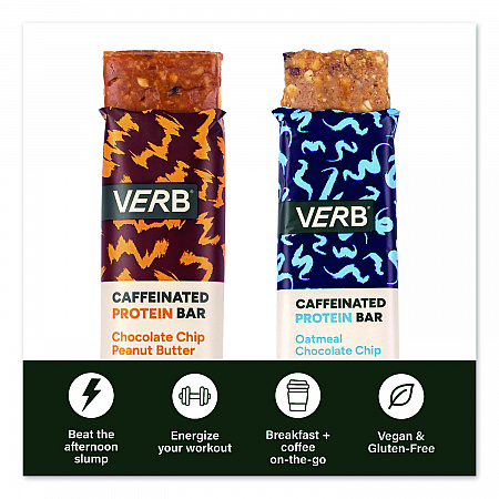 Caffeinated Protein Bar, Chocolate Chip Peanut Butter and Oatmeal Chocolate Chip, 1.8 oz Bar, 24/Box (60004177)