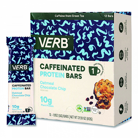 Caffeinated Protein Bar, Chocolate Chip Peanut Butter and Oatmeal Chocolate Chip, 1.8 oz Bar, 24/Box (60004177)