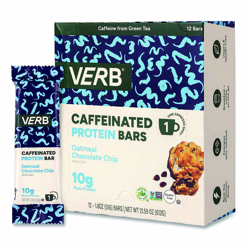 Caffeinated Protein Bar, Chocolate Chip Peanut Butter and Oatmeal Chocolate Chip, 1.8 oz Bar, 24/Box (60004177)