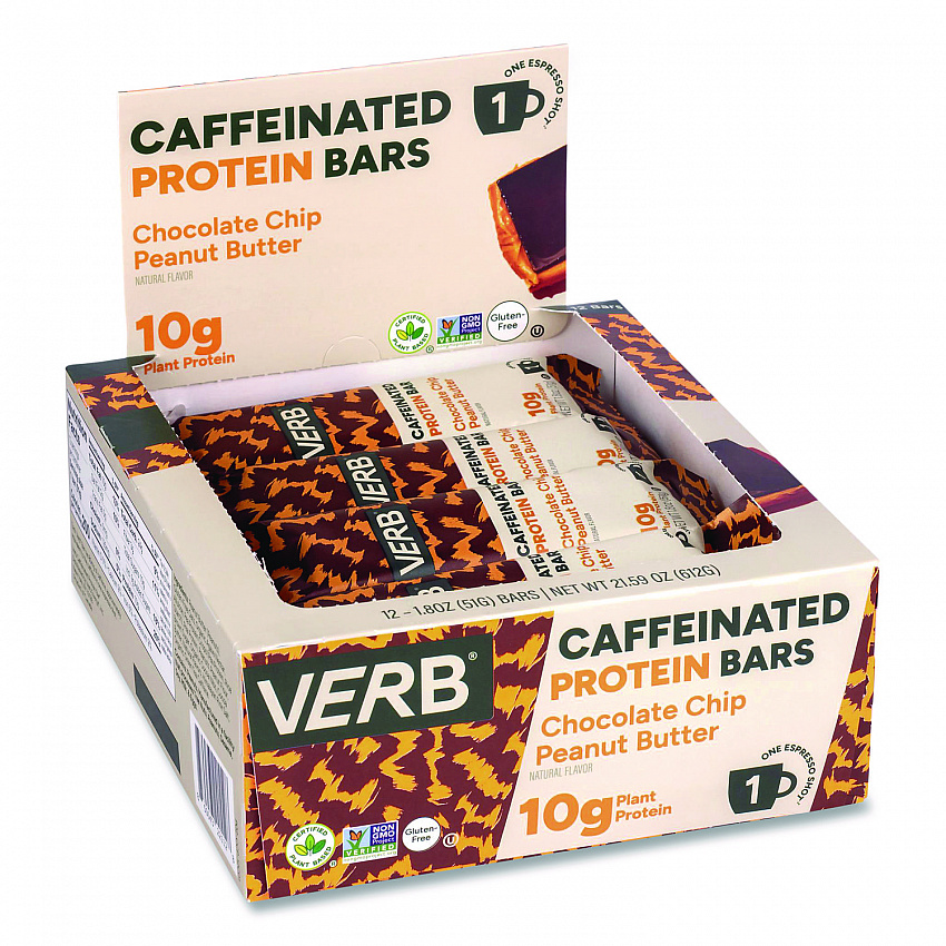 Caffeinated Protein Bar, Chocolate Chip Peanut Butter and Oatmeal Chocolate Chip, 1.8 oz Bar, 24/Box (60004177)