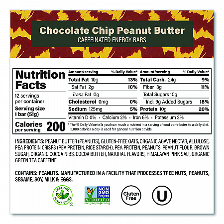 Caffeinated Protein Bar, Chocolate Chip Peanut Butter and Oatmeal Chocolate Chip, 1.8 oz Bar, 24/Box (60004177)