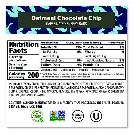 Caffeinated Protein Bar, Chocolate Chip Peanut Butter and Oatmeal Chocolate Chip, 1.8 oz Bar, 24/Box (60004177)
