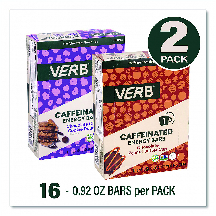Caffeinated Energy Bar, Chocolate Peanut Butter Cup and Chocolate Chip Cookie Dough, 0.92  oz Bar, 32/Box (60004178)