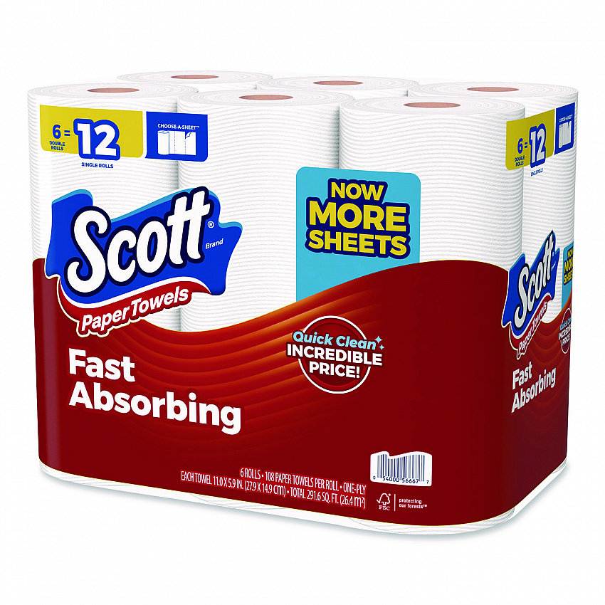 Choose-A-Sheet Kitchen Roll Paper Towels, Double Roll, 1-Ply, White, 108 Sheets/Roll, 6 Rolls/Pack, 4 Packs/Carton (56668)