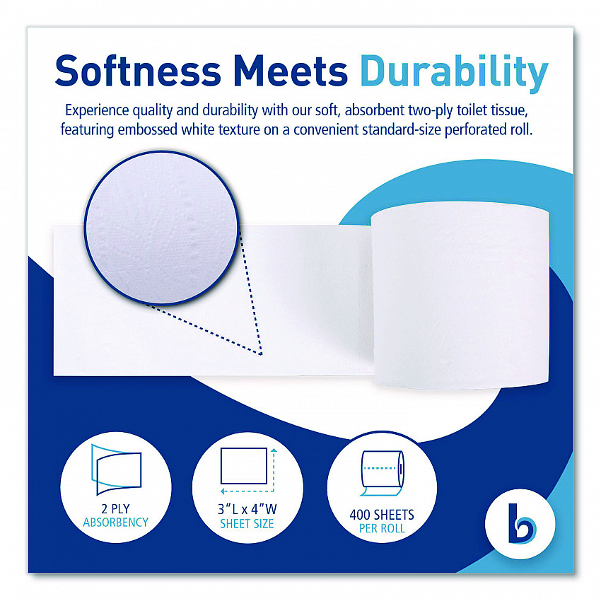 Two-Ply Toilet Tissue, Septic Safe, White, 400 Sheets/Roll, 96 Rolls/Carton (6144)