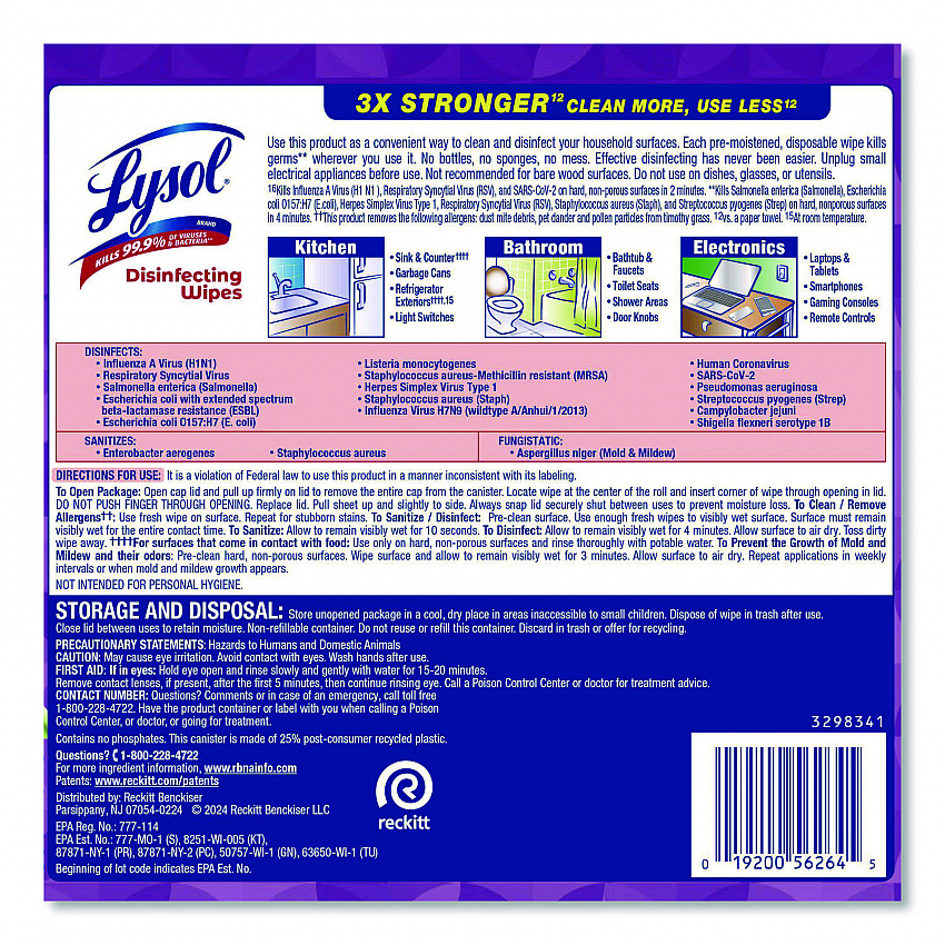 Disinfecting Wipes, 1-Ply, 7 x 7.25, Lavender and Cotton Blossom, White, 80 Wipes/Canister (56264EA)