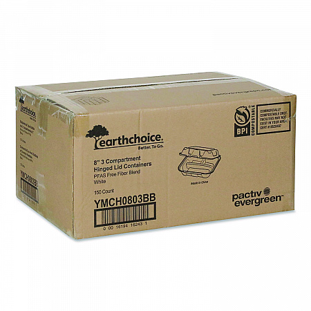 EarthChoice Bagasse Hinged Lid Container, 7.8 x 7.8 x 2.8, White, 150/Carton (YMCH0803BB)