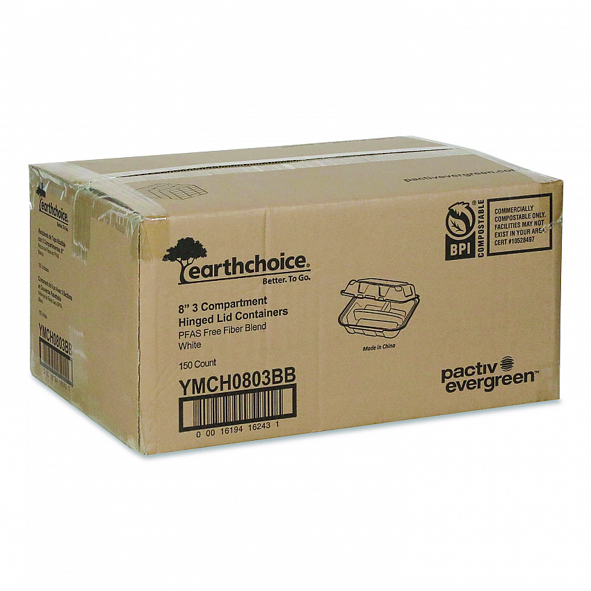 EarthChoice Bagasse Hinged Lid Container, 7.8 x 7.8 x 2.8, White, 150/Carton (YMCH0803BB)