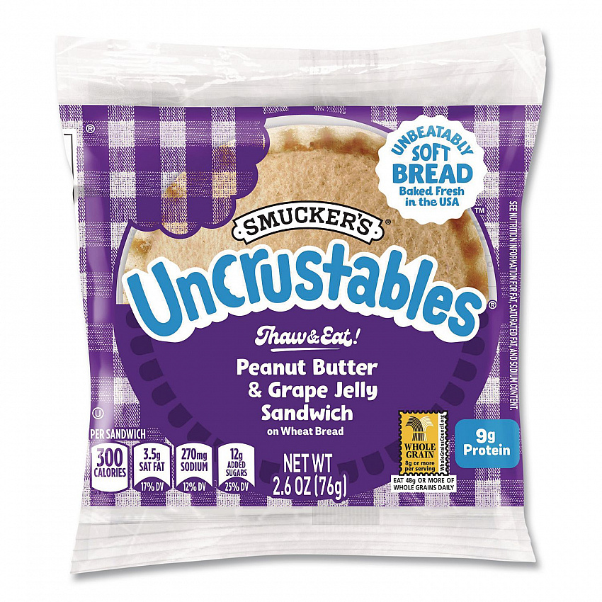 UNCRUSTABLES Peanut Butter and Grape Jelly on Wheat Bread, 2.6 oz Bag, 48/Carton (22002219)