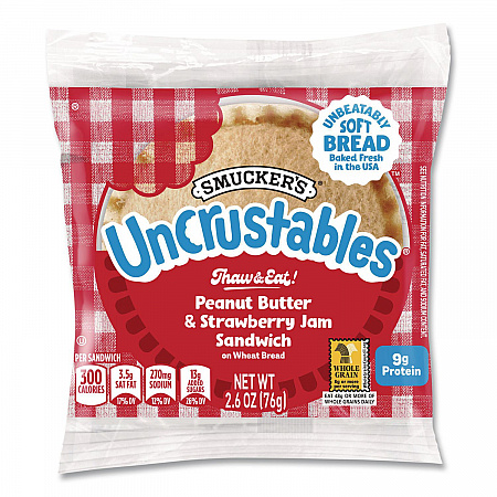 UNCRUSTABLES Peanut Butter and Strawberry Jam on Wheat Bread, 2.6 oz Bag, 48/Carton (22002220)
