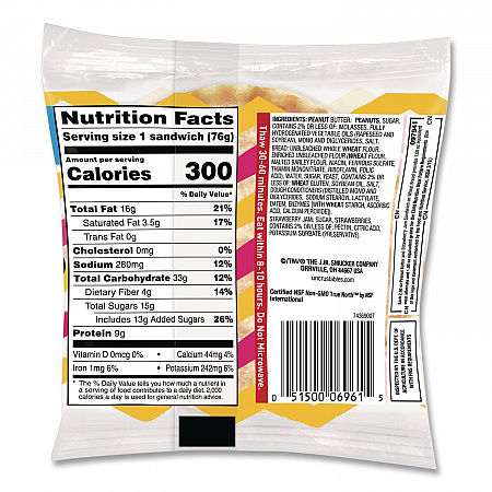UNCRUSTABLES Peanut Butter and Strawberry Jam on Wheat Bread, 2.6 oz Bag, 48/Carton (22002220)