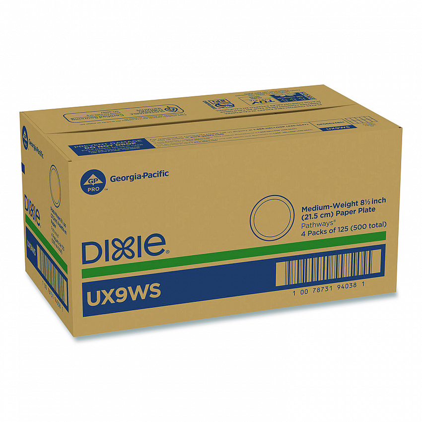 Pathways Soak-Proof Shield Mediumweight Paper Plates, WiseSize, 8.5" dia, Green/Burgundy, 125/Pack, 4 Packs/Carton (UX9WS)