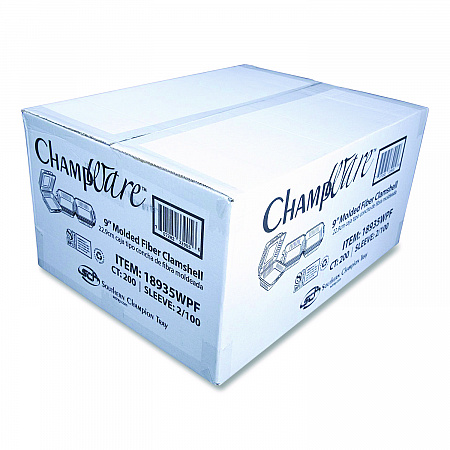 ChampWare Molded-Fiber Clamshell Containers, 9 x 9 x 3, White, 100/Sleeve, 2 Sleeves/Carton (18935WPF)
