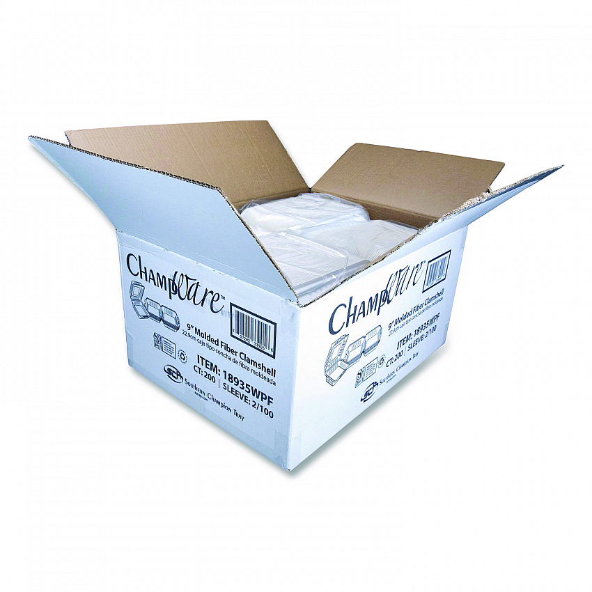 ChampWare Molded-Fiber Clamshell Containers, 9 x 9 x 3, White, 100/Sleeve, 2 Sleeves/Carton (18935WPF)
