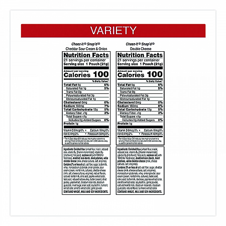 Snap'd Crackers Variety Pack, Cheddar Sour Cream and Onion; Double Cheese, 0.75 oz Bag, 42/Carton (11500)
