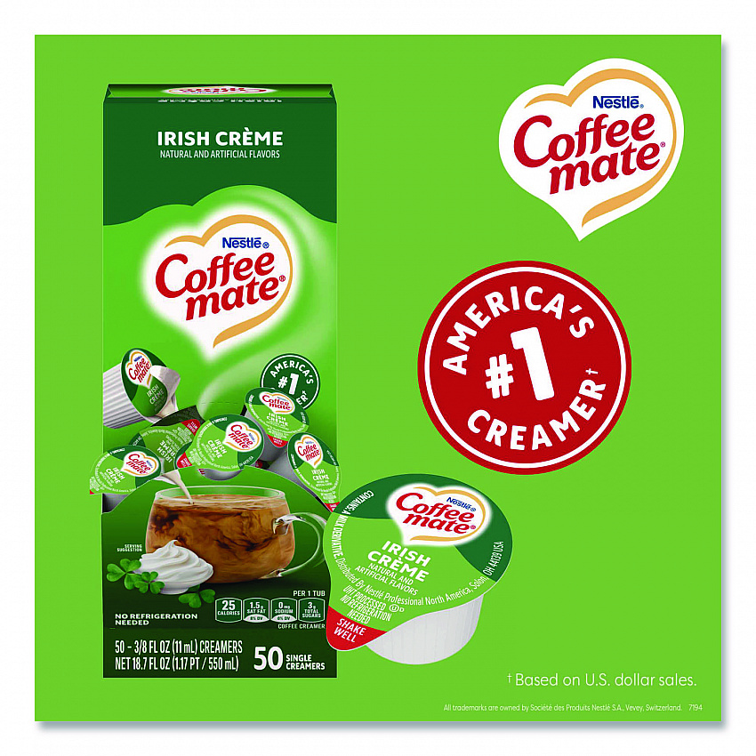 Liquid Coffee Creamer, Irish Cream, 0.38 oz Mini Cups, 50/Box (35112)