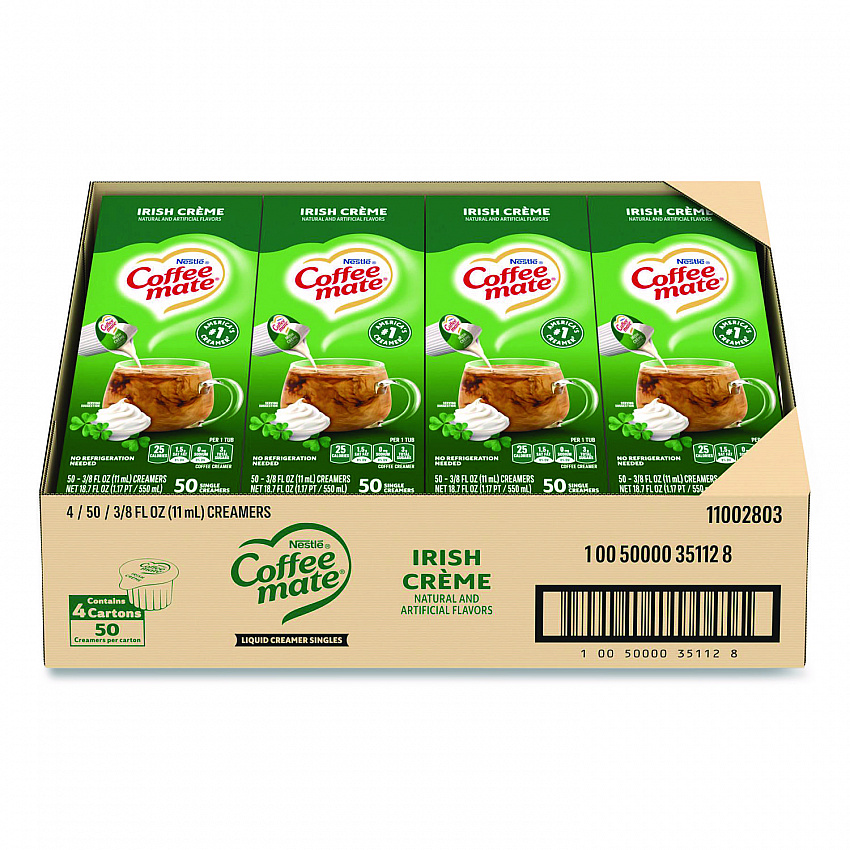Liquid Coffee Creamer, Irish Cream, 0.38 oz Mini Cups, 50/Box, 4 Boxes/Carton (35112CT)
