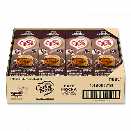 Liquid Coffee Creamer, Cafe Mocha, 0.38 oz Mini Cups, 50/Box, 4 Boxes/Carton (35115CT)