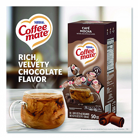 Liquid Coffee Creamer, Cafe Mocha, 0.38 oz Mini Cups, 50/Box, 4 Boxes/Carton (35115CT)