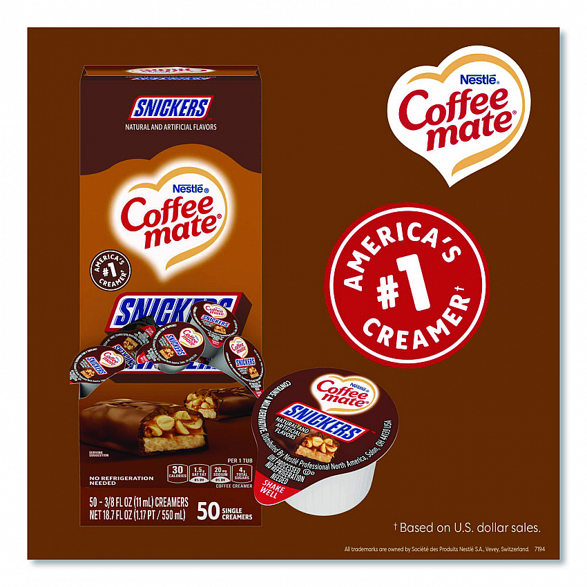 Liquid Coffee Creamer, Snickers, 0.38 oz Mini Cups, 200/Carton (61425CT)