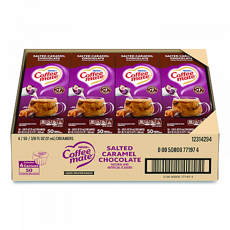 Liquid Coffee Creamer, Salted Caramel Chocolate, 0.38 oz Mini Cups, 50/Box, 4 Boxes/Carton (77197CT)