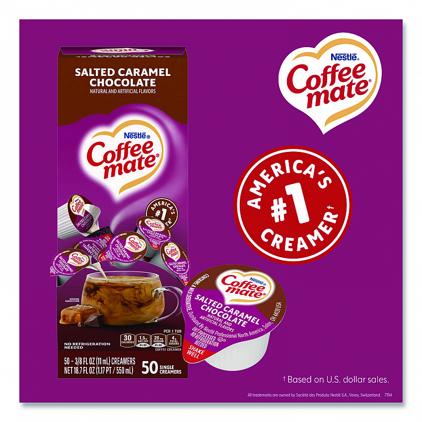 Liquid Coffee Creamer, Salted Caramel Chocolate, 0.38 oz Mini Cups, 50/Box (77197)
