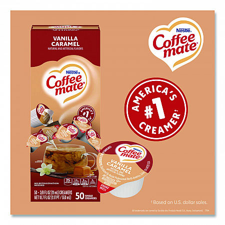Liquid Coffee Creamer, Vanilla Caramel, 0.38 oz Mini Cups, 50/Box (79129)