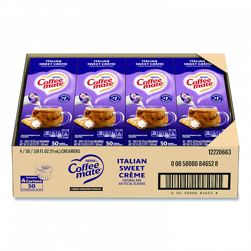 Liquid Coffee Creamer, Italian Sweet Cream, 0.38 oz Mini Cups, 50/Box, 4 Boxes/Carton (84652CT)