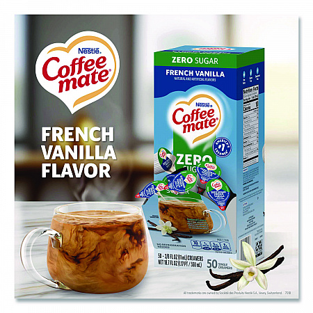 Liquid Coffee Creamer, Zero Sugar French Vanilla, 0.38 oz Mini Cups, 50/Box, 4 Boxes/Carton (91757CT)
