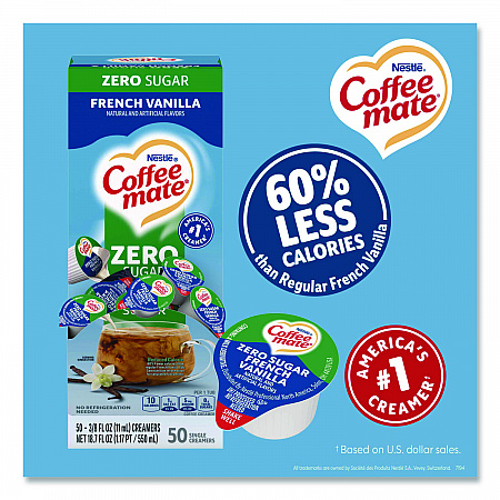 Liquid Coffee Creamer, Zero Sugar French Vanilla, 0.38 oz Mini Cups, 50/Box, 4 Boxes/Carton (91757CT)