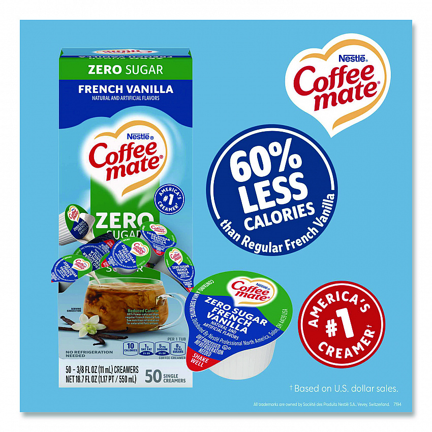 Liquid Coffee Creamer, Zero Sugar French Vanilla, 0.38 oz Mini Cups, 50/Box, 4 Boxes/Carton (91757CT)