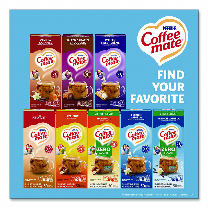 Liquid Coffee Creamer, Zero Sugar French Vanilla, 0.38 oz Mini Cups, 50/Box, 4 Boxes/Carton (91757CT)