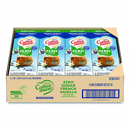 Liquid Coffee Creamer, Zero Sugar French Vanilla, 0.38 oz Mini Cups, 50/Box, 4 Boxes/Carton (91757CT)