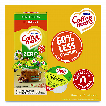 Liquid Coffee Creamer, Zero Sugar Hazelnut, 0.38 oz Mini Cups, 50/Box, 4 Boxes/Carton (98468CT)