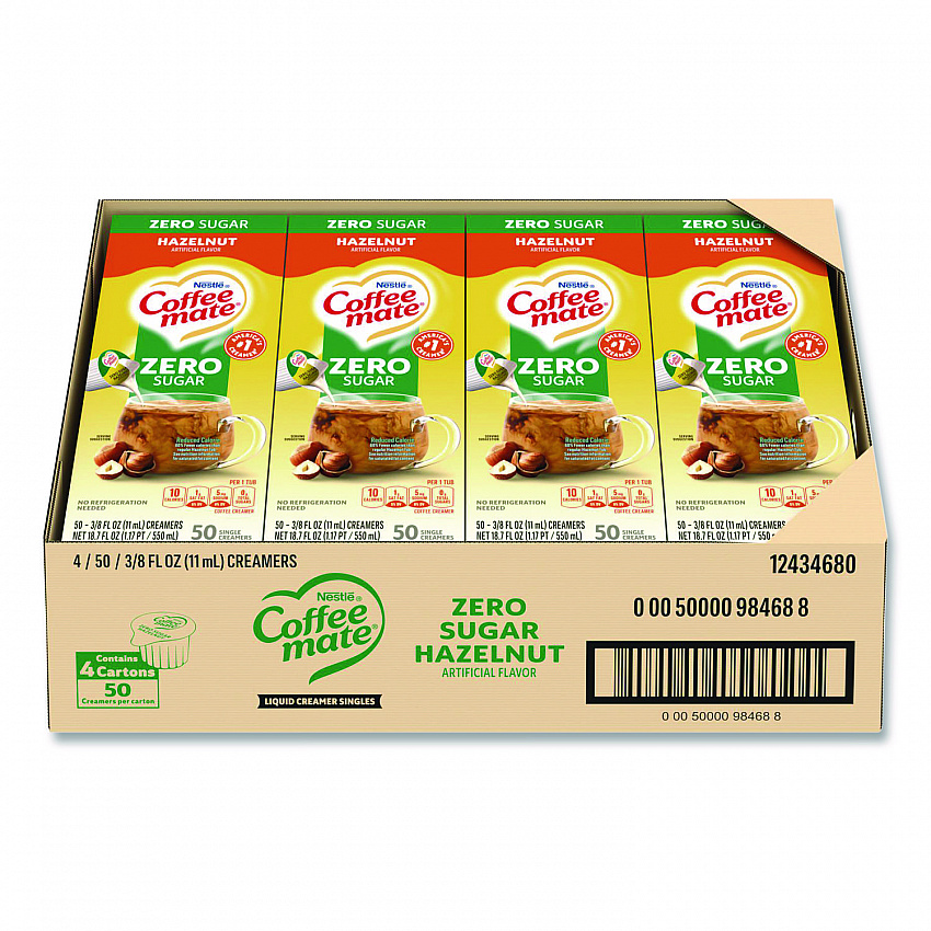 Liquid Coffee Creamer, Zero Sugar Hazelnut, 0.38 oz Mini Cups, 50/Box, 4 Boxes/Carton (98468CT)