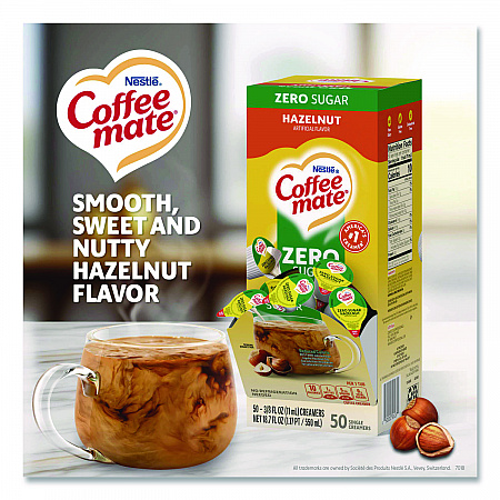 Liquid Coffee Creamer, Zero Sugar Hazelnut, 0.38 oz Mini Cups, 50/Box (98468BX)