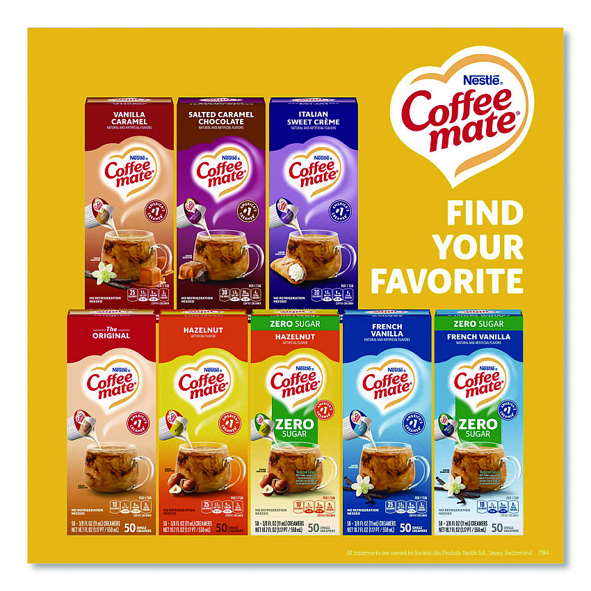 Liquid Coffee Creamer, Zero Sugar Hazelnut, 0.38 oz Mini Cups, 50/Box (98468BX)