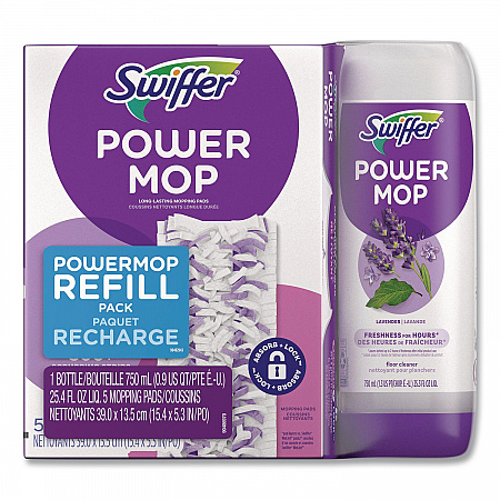 PowerMop Cleaning Solution and Pads Refill Pack, Lavender, Scent, 25.3 oz Bottle and 5 Pads per Pack, 4 Packs/Carton (09117)