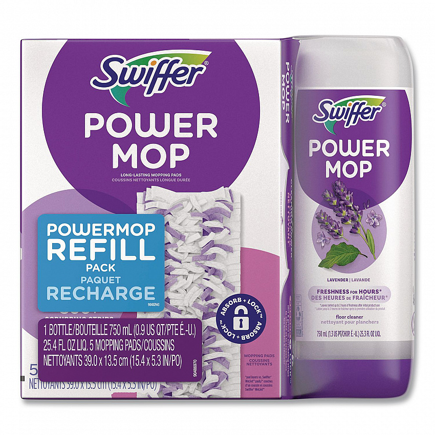 PowerMop Cleaning Solution and Pads Refill Pack, Lavender, Scent, 25.3 oz Bottle and 5 Pads per Pack, 4 Packs/Carton (09117)