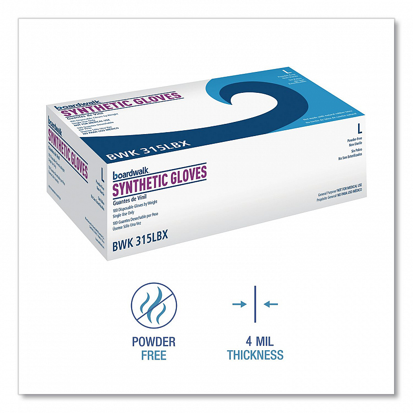 Powder-Free Synthetic Vinyl Gloves, Large, 4 mil Thick, 9.5" Long, Beige, 100/Box (315LBX)