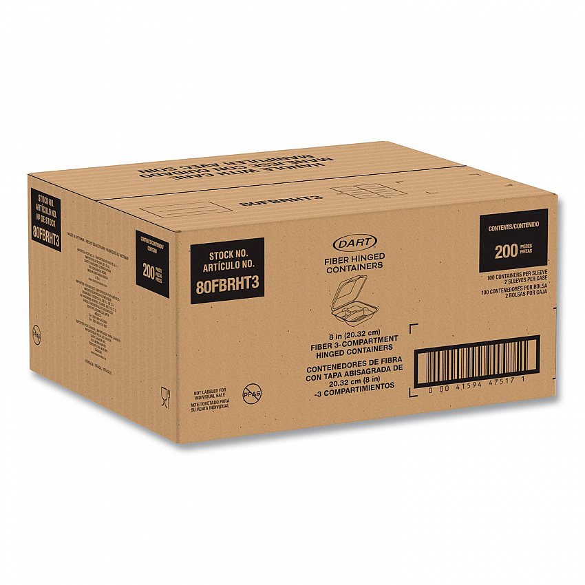 Compostable Molded Fiber Hinged Trays, ProPlanet Seal, 3 Compartments, 8.65 x 7.94 x 2.98, Natural, 200/Carton (80FBRHT3)