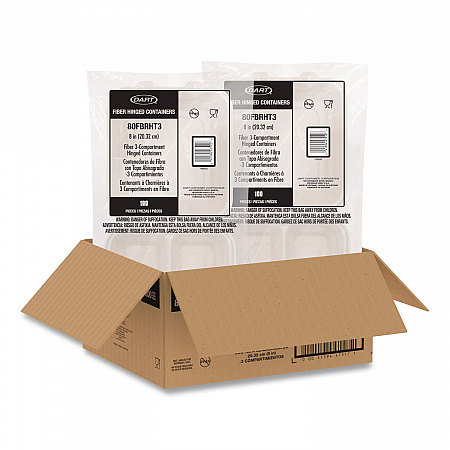 Compostable Molded Fiber Hinged Trays, ProPlanet Seal, 3 Compartments, 8.65 x 7.94 x 2.98, Natural, 200/Carton (80FBRHT3)