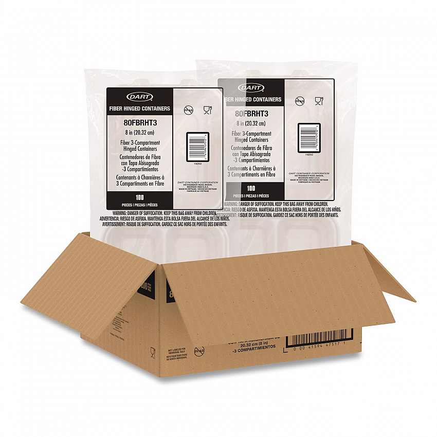 Compostable Molded Fiber Hinged Trays, ProPlanet Seal, 3 Compartments, 8.65 x 7.94 x 2.98, Natural, 200/Carton (80FBRHT3)