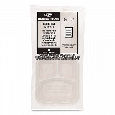Compostable Molded Fiber Hinged Trays, ProPlanet Seal, 3 Compartments, 8.65 x 7.94 x 2.98, Natural, 200/Carton (80FBRHT3)