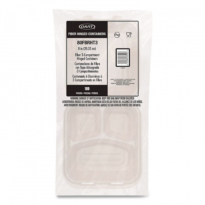 Compostable Molded Fiber Hinged Trays, ProPlanet Seal, 3 Compartments, 8.65 x 7.94 x 2.98, Natural, 200/Carton (80FBRHT3)