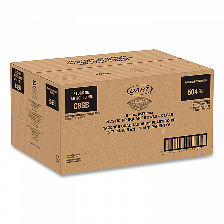 Square Plastic Bowls, 8 oz, 8.5 x 8.5 x 1.51, Clear, Plastic, 63 Bowls/Sleeve, 8 Sleeves/Carton (C8SB)