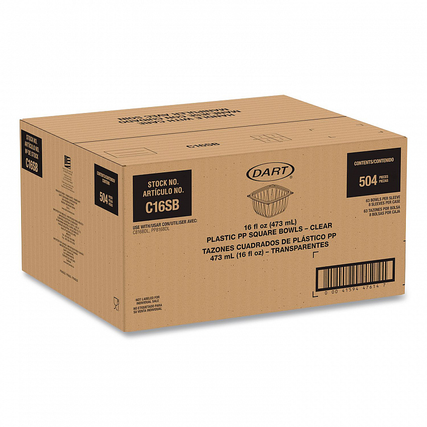 Square Plastic Bowls, 16 oz, 8.5 x 8.5 x 1.96, Clear, Plastic, 63 Bowls/Sleeve, 8 Sleeves/Carton (C16SB)