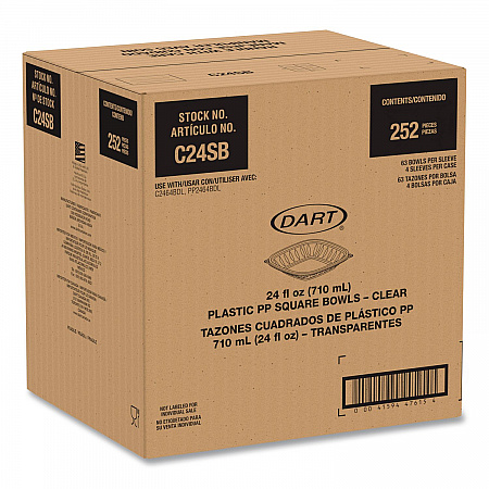 Square Plastic Bowls, 24 oz, 5 x 5 x 1.99, Clear, Plastic, 63 Bowls/Sleeve, 4 Sleeves/Carton (C24SB)