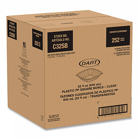 Square Plastic Bowls, 32 oz, 5 x 5 x 1.49, Clear, Plastic, 63 Bowls/Sleeve, 4 Sleeves/Carton (C32SB)